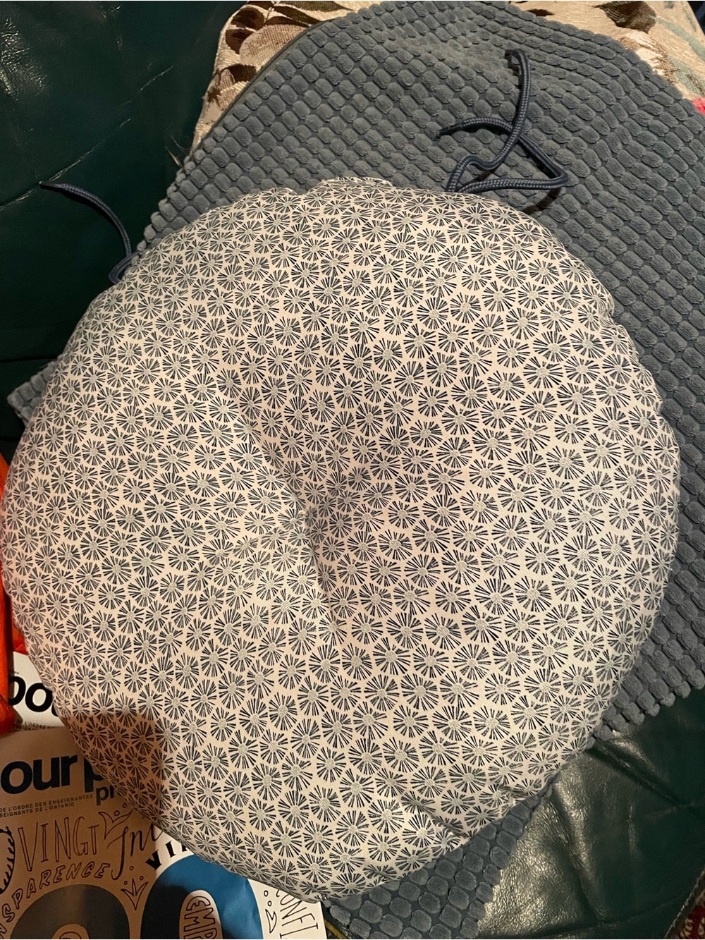 Round Navy and White Patterned Floor Cushion - Unbranded